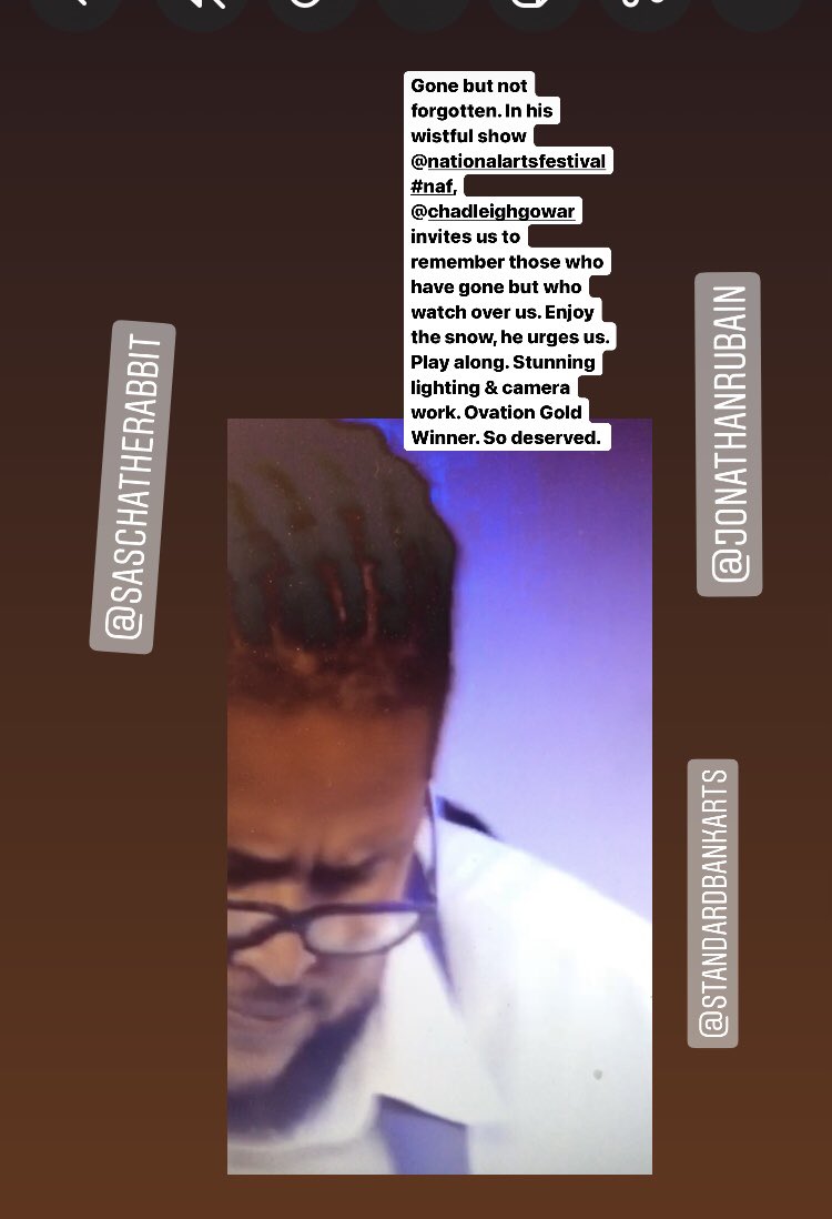 Gone but not forgotten by <a href="/ChadleighGowar/">Chadleigh Gowar</a> <a href="/artsfestival/">NationalArtsFestival</a> #Fringe. Such a special show. Wow. 

Gold Ovation Award Winning <a href="/StandardBankArt/">Standard Bank Arts</a> 
Available until Aug 31. 

Do not miss. 

thecaperobyn.co.za/festival-alert…