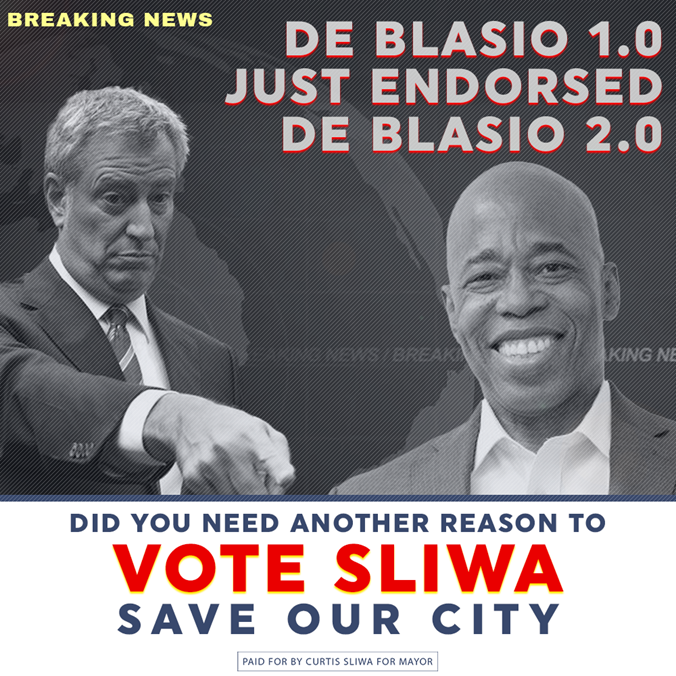 The Dope From Park Slope Just Endorsed Adams! De Bozio Knows Who Will Keep His Broken Policies in Place. Vote Sliwa and Save Our City. secure.sliwaforny.com/social-media-d… #CurtisSliwaForMayor #SliwaForNYC2021 #SaveOurCity #SliwaForNY #SliwaForMayor