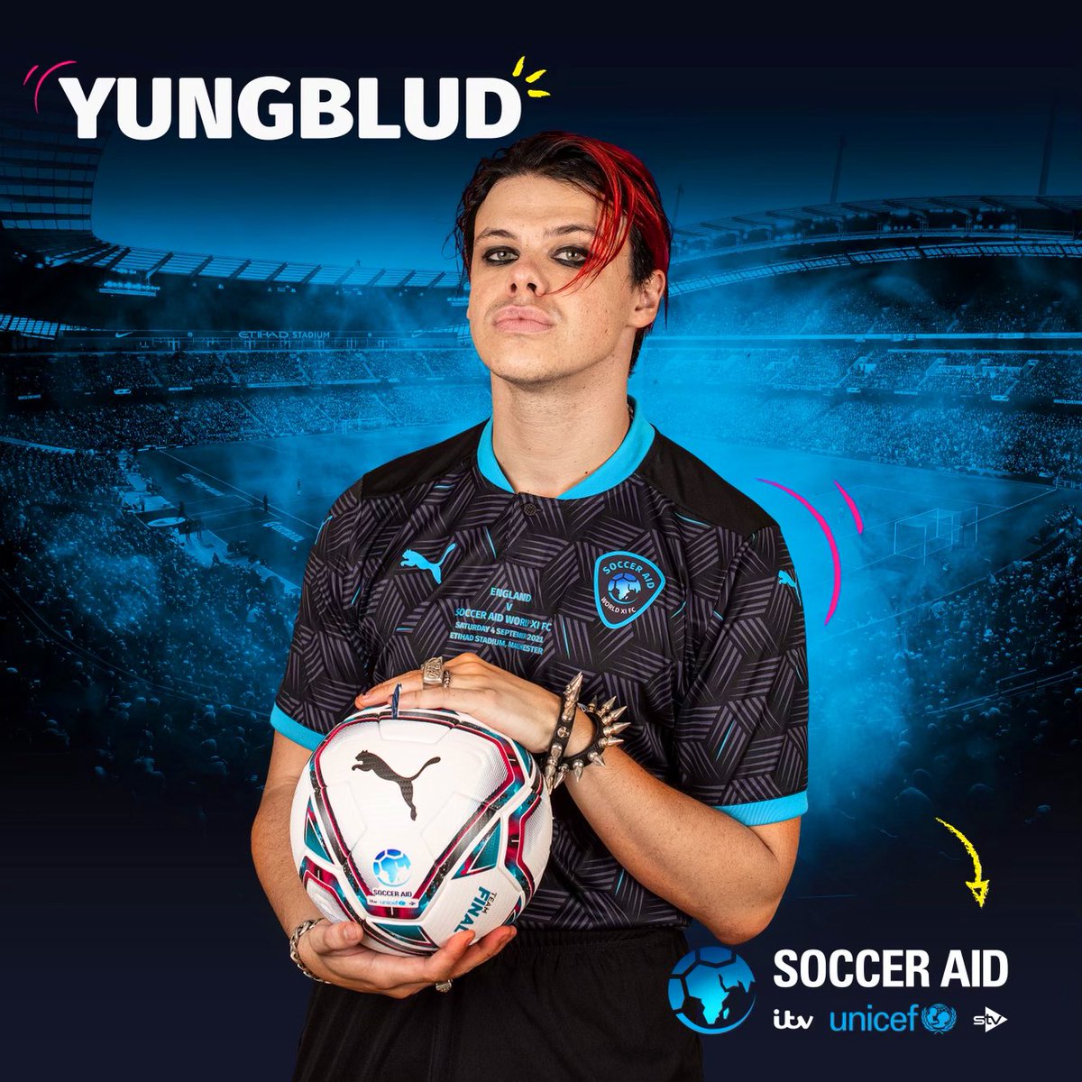 yungblud's tweet photo. so excited to announce ill be playin @socceraid for @UNICEF on saturday the 4th of september in manchester!please please go get tickets it’s such an amazing cause! it’s up to us try our best to ensure every single child born into this world has a future 🖤
https://t.co/RoBQ7oQQMb https://t.co/B3t2FcDP8k
