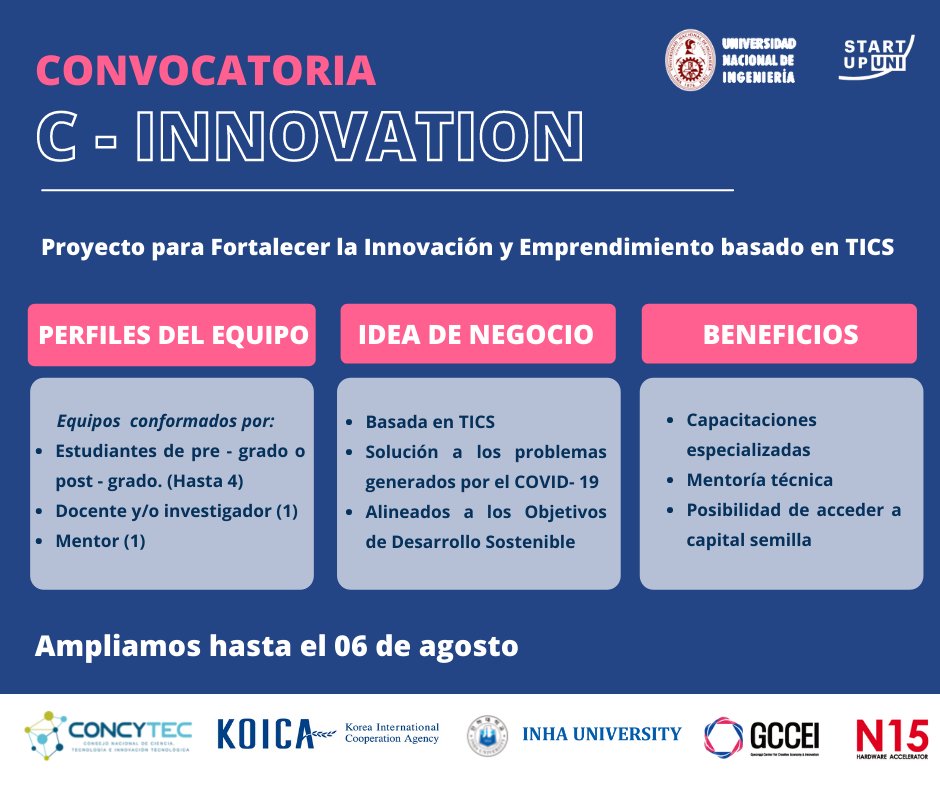 HOY  ÚLTIMO DÍA 🚨

Atención Comunidad Emprendedora de la UNI

Se ha apertura las postulaciones para participar en el Programa C-Innovation 2021 del Proyecto para fortalecer la innovación y emprendimiento basado en TICs. 

Más información  bit.ly/3xja4rB

<a href="/UNIoficial/">UNI</a>