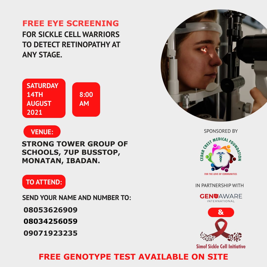 genoawareint's tweet photo. After our lecture on retinopathy last Sunday, we have the opportunity to organize a free eye screening for warriors within ages 18 and above,kindly register if you fit in the category.
#iamawarrior #iamasurvivor #genoaware #fightingscd #genoawareinternational #besickleaware https://t.co/ODRxFQ1YJ6