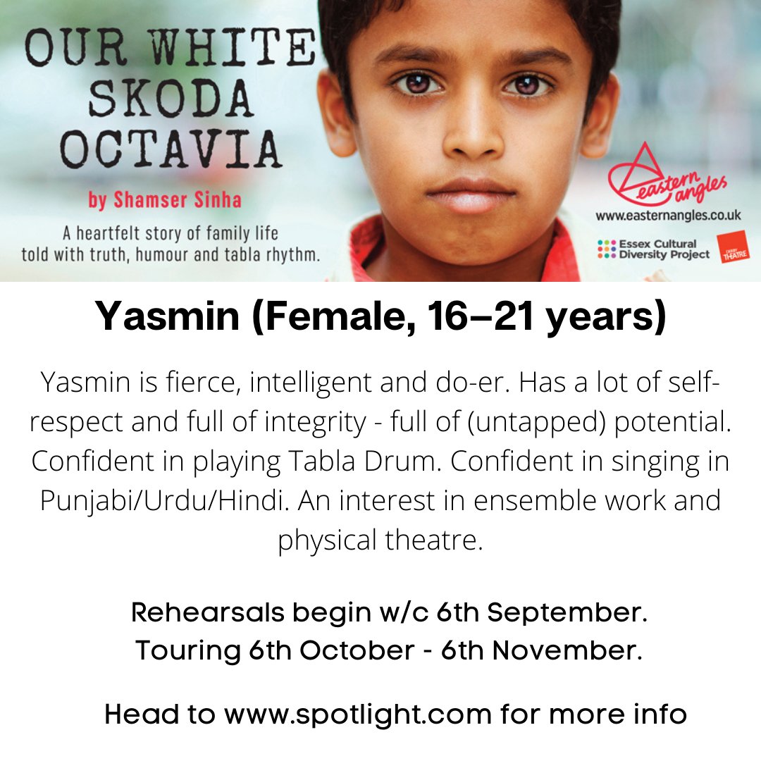 📢Casting opportunities for British Asian actors! Join our brand-new production Our White Skoda touring this Autumn. More info on @SpotlightUK's website 🎭 @Southasian_Artists @SAHM_UK @RifcoTheatre @TaraTheatre @KaliTheatreuk @TamashaTheatre #SkodaPlay #RegionalTheatre #Castings