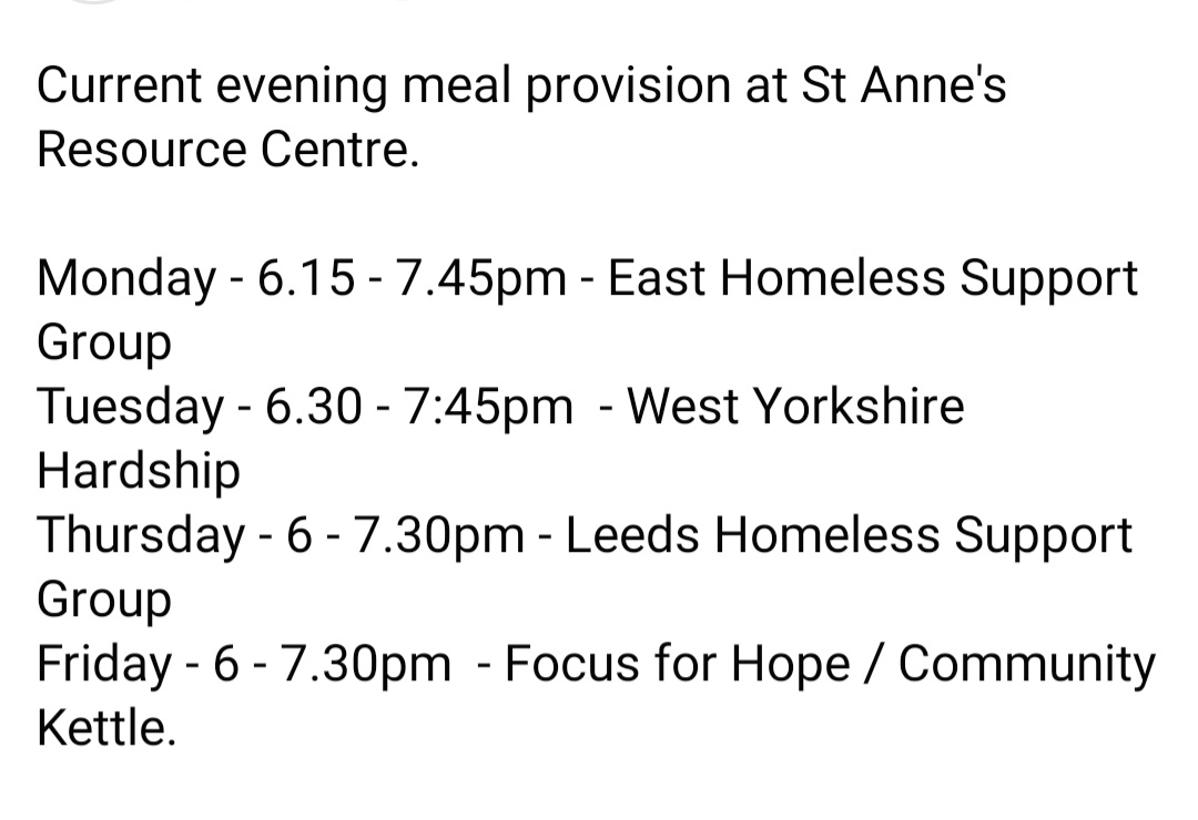 Evening Meal Provision @ St Anne's @ResourceCen for the #Homeless community. @SimonHodgsonLCC, @simonotstreets, @CryptLeeds, @LeedsAngels, @ManagerPathway, @BevanCIC, @Jillburns, @debracoupar, @tomriordan, @jojames_, @JamesLewisLab, @emmaflint18, @LeedsSOS