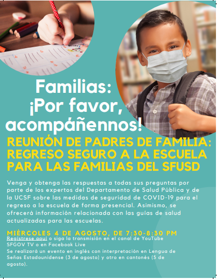 SFUnified's tweet photo. Families! Join health experts and SFUSD to answer questions on safe return to school. 😷Register here to join Schools Town Hall at 7:30 - English on 8/3/21, Spanish on 8/4/21 and Cantonese on 8/5/21. https://t.co/AnpSRpoEki https://t.co/9eOUsFODjG