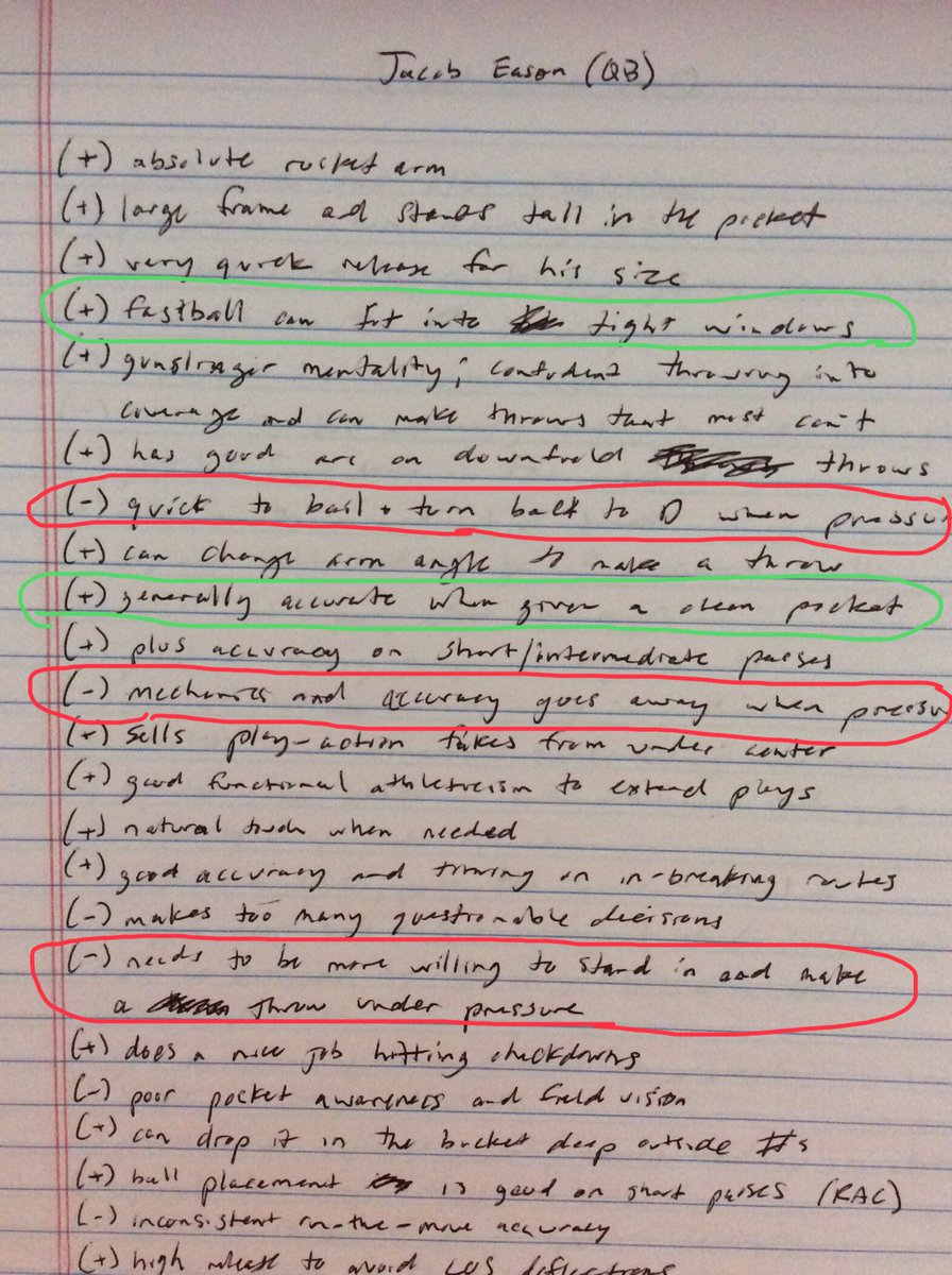 Jacob Eason notes from 2020 NFL Draft. Definite concerns (red), but Colts provide the perfect situation for him to have success thanks to their offensive line. Gave him a late second-round grade. https://t.co/FodK4pMWq2