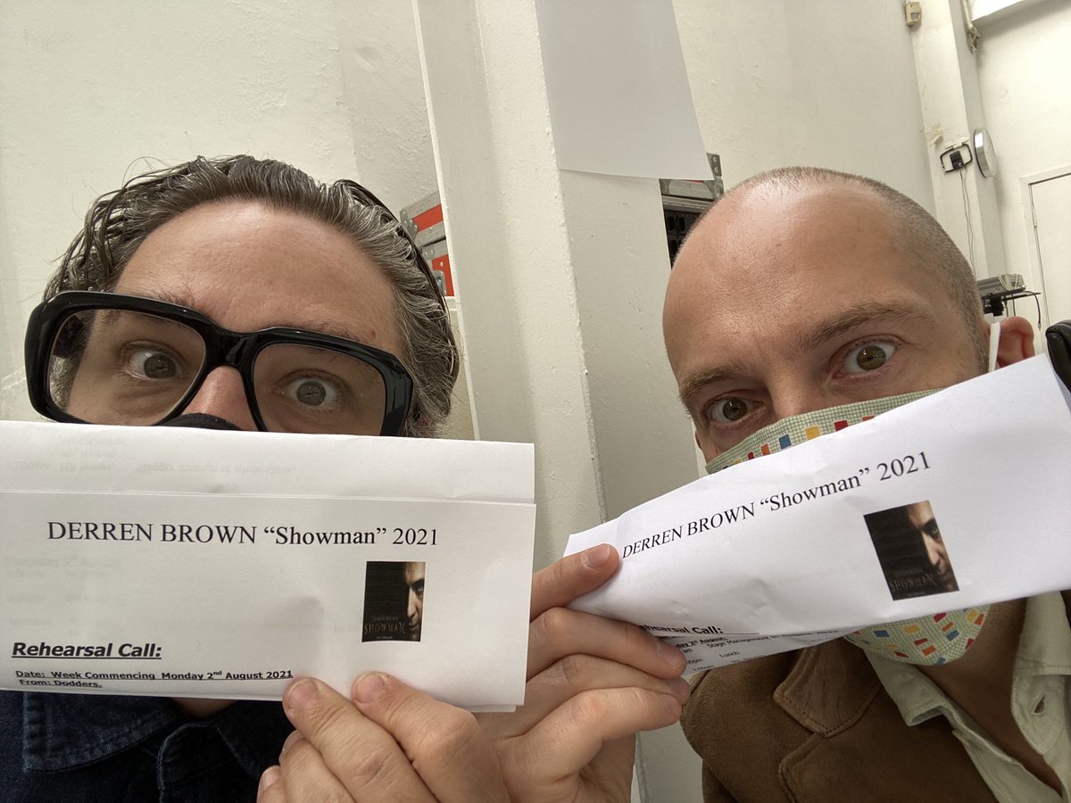 DerrenBrown's tweet photo. The delicious ⁦@andynyman⁩ and other on our first day of re-rehearsing a re-jigged Showman for the good people of Britain. We’re covid-friendly though Andy’s mask is mainly for his breath. https://t.co/qM3D8TwQFV