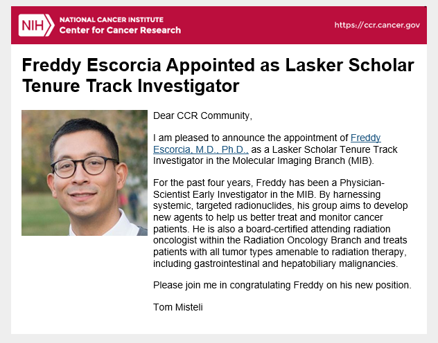 Congratulations to Dr. Freddy Escorcia @freddyeescorcia for his appointment as Lasker Scholar Tenure Track Investigator @theNCI 
ccr.cancer.gov/staff-director… #physicianscientist #medtwitter