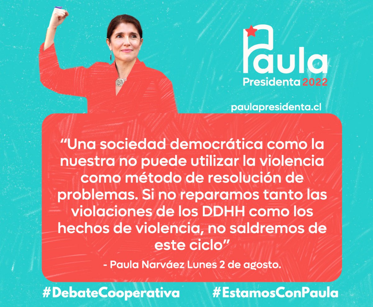 Hoy @paulanarvaezo participó de su primer debate presidencial de Unidad Constituyente, en #DebateCooperativa, y aclaró varios aspectos de su programa. Te dejamos un resumen de algunas de sus intervenciones aquí abajo: 

Este 21 de agosto, votamos 2 Paula Narváez, para Presidenta