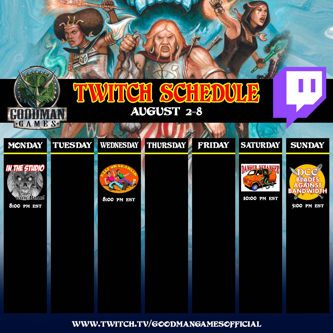 GoodmanGames's tweet photo. This Week on Twitch – August 2-8
https://t.co/XkiyYFvI9s
#GoodmanGames #Twitch #DCCRPG #5E #TTRPG #DevilLich https://t.co/HeSAXk0Ke4