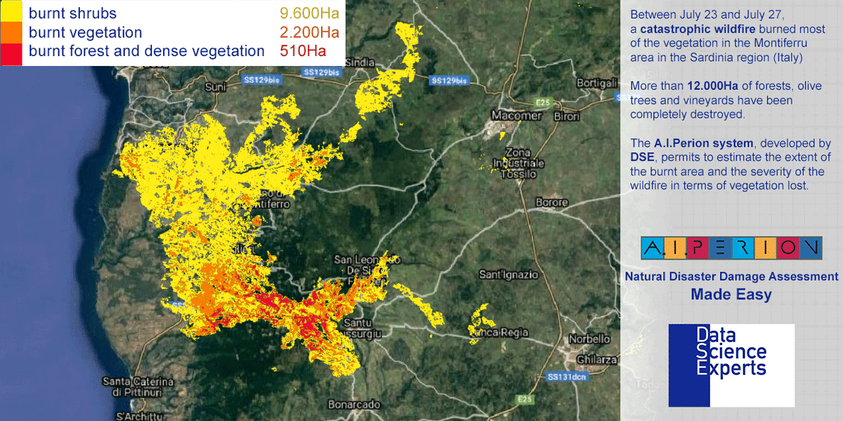 July 23-27, a catastrophic wildfire burned most of the vegetation in the #Montiferru area (#sardegna #sardinia #incendi #italy). More than 12.000Ha destroyed. The A.I.Perion system, by DSE, permits to estimate: extent of the burnt area/severity of the wildfire/vegetation lost.
