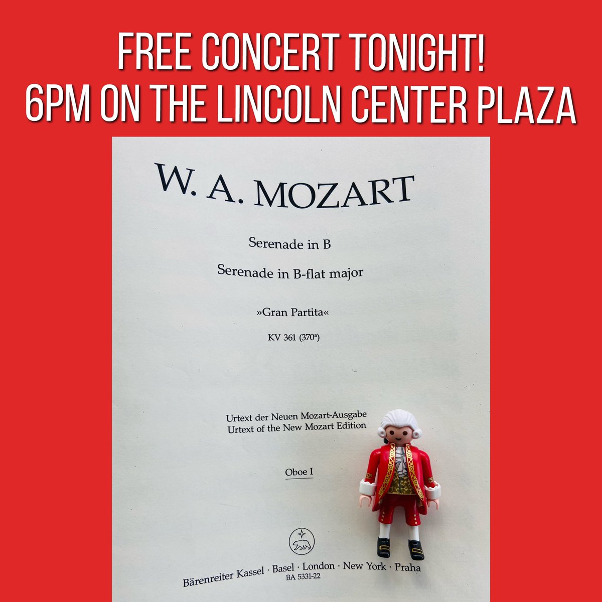 FestOrchLC's tweet photo. “Gran Partita” FREE concert tonight 8/2 6pm on the @lincolncenter plaza with @louislangree and members of the Mostly Mozart Festival Orchestra! 
(Playing off of @Baerenreiter parts of course!)
#mostlymozart #granpartita #freeconcert #nyc #restartstages #missingmostlymozart https://t.co/hXs0tOJQQB