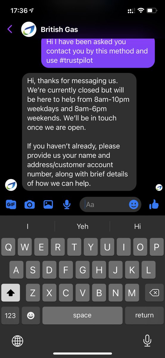 C_Short11's tweet photo. @BritishGasHelp told to contact you about my issue only to get a response to say your closed it’s currently 17:49 on Monday !? https://t.co/RluYEcBpB6