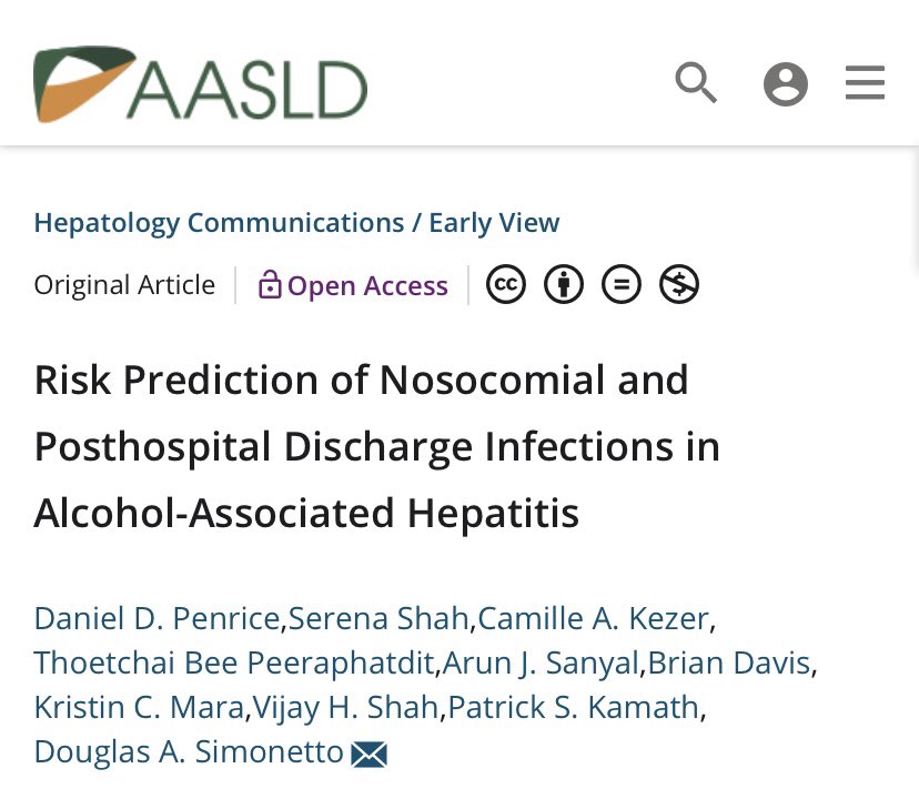 Daniel Penrice (@danieldpenrice) on Twitter photo Check out our new publication on predicting infection in Alcohol-Associated Hepatitis! <a href="/HepCommJournal/">Hepatology Communications</a>
Be on the lookout for infection if:
⬆️ MELD Score
⬆️ WBC Count
🚰 Ascites present at admission
💊 Corticosteroid Administration
Link: doi.org/10.1002/hep4.1… Check out our new publication on predicting infection in Alcohol-Associated Hepatitis! <a href="/HepCommJournal/">Hepatology Communications</a>
Be on the lookout for infection if:
⬆️ MELD Score
⬆️ WBC Count
🚰 Ascites present at admission
💊 Corticosteroid Administration
Link: doi.org/10.1002/hep4.1…