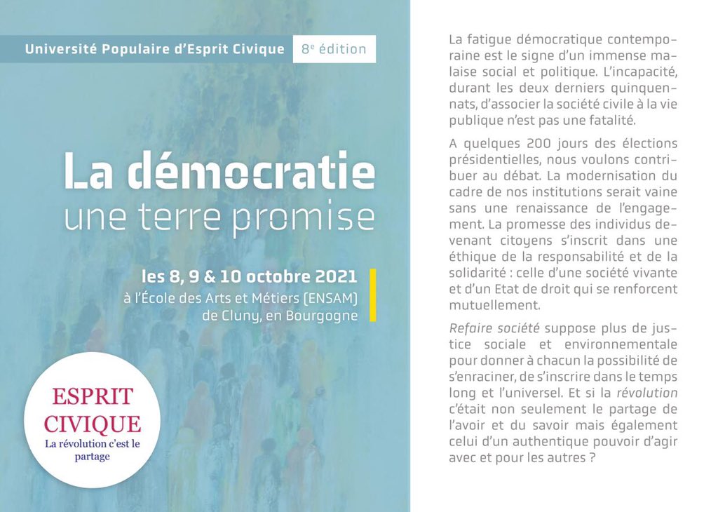 PotierDominique's tweet photo. La démocratie, une terre promise ?
Rendez-vous les 9 &amp; 10 octobre à Cluny avec @Espritcivique @RevueProjet @RevueEsprit @RevueEtudes @LaCroix @LaVieHebdo @lemondefr @robert_schuman @DelorsInstitute @CercleAgenor @Confront_Europe https://t.co/gmulP7lDNh https://t.co/gBsHZ0UfBq