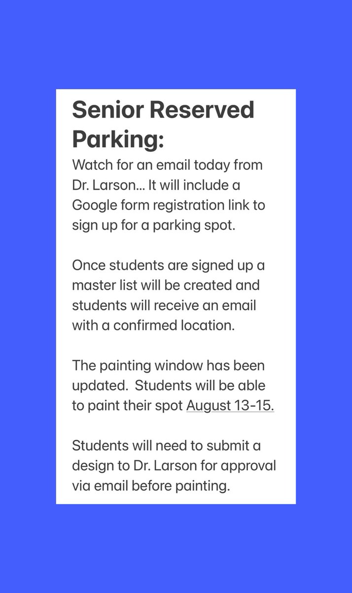CHS_Indians's tweet photo. ⬇️⬇️ Updated information on Senior Reserved Parking! 🚗🚙😀 #almosttimeforschool https://t.co/Kucp5j176n