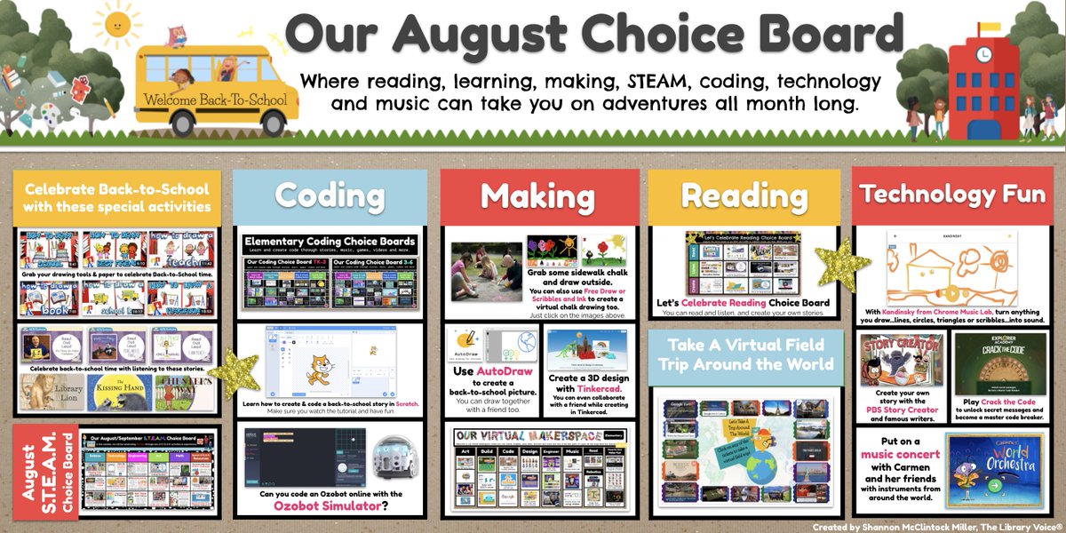 It's #BackToSchool and time for the very first monthly choice board of the year. 🎉

Our August Choice Board is here and it is filled with places to read, learn, make, code, use technology &amp; STEAM &amp; much more. 🙂

buff.ly/3fqilDQ

#tlchat #futurereadylibs #edchat #edtech