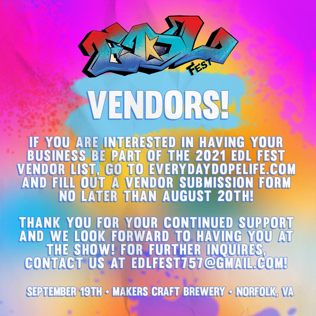 Everyday_Dope's tweet photo. Local businesses interested in being a vendor at @edlfest757 can visit our website https://t.co/SIPRYfoZp3 and fill out the form. Cut off dates for submission will be august 20th.

Tickets to #EDLFEST starring @miababyface available NOW at https://t.co/SIPRYfoZp3 🎡🎪🤹🎟🎶🖖🏾✨ https://t.co/ovQ6cm8TuE