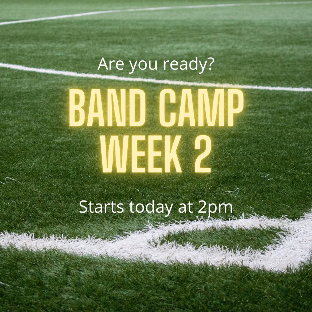 Marching Band Camp week 2! Can’t wait to see everyone at 2pm! Don’t forget your hat, sunscreen, mask, athletic clothes and shoes, towel or blanket, and the most important WATER!! #bandisback