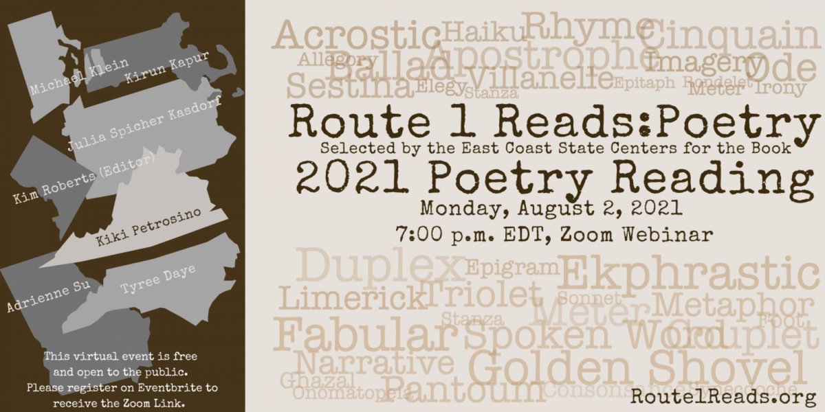 va_ctr_book's tweet photo. TONIGHT! Join us at 7 PM ET for a #Route1Reads virtual #PoetryReading w/ @kikipetrosino & poets selected by other @librarycongress Centers for the Book along the East Coast incl. @MDhumanities @MaineHumanities & hosted by @GaCntr4TheBook. Register for FREE https://t.co/1Z34jLTn28 https://t.co/0B4J7vkdIQ