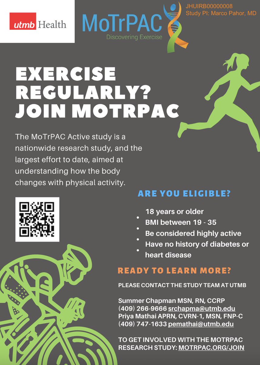 We are working to determine how physical exercise benefits you on a personalized, molecular level. We’re looking for women 18+ who have been cycling or weight lifting regularly for a minimum of one year. motrpac.org/join Download Flyer: utmb.us/525
