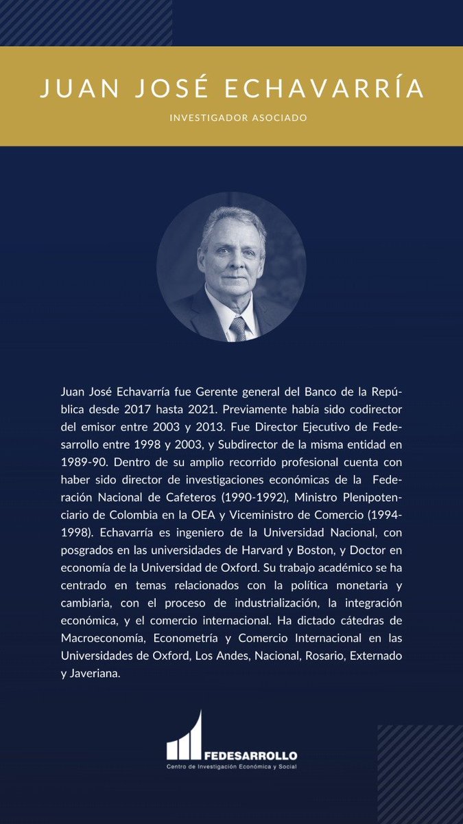 LuisFerMejia's tweet photo. Tengo el gran placer de anunciar que Juan José Echavarría, exgerente del @BancoRepublica y exdirector de @Fedesarrollo, ingeniero y economista con una extraordinaria carrera profesional, se ha unido al equipo de @Fedesarrollo como investigador asociado. ¡Bienvenido Juan José! https://t.co/91mT5gi6xo