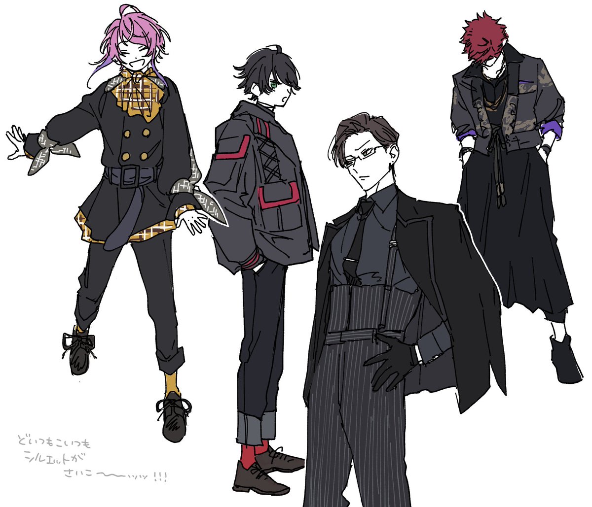 multiple boys pink hair male focus jacket pants black hair necktie  illustration images