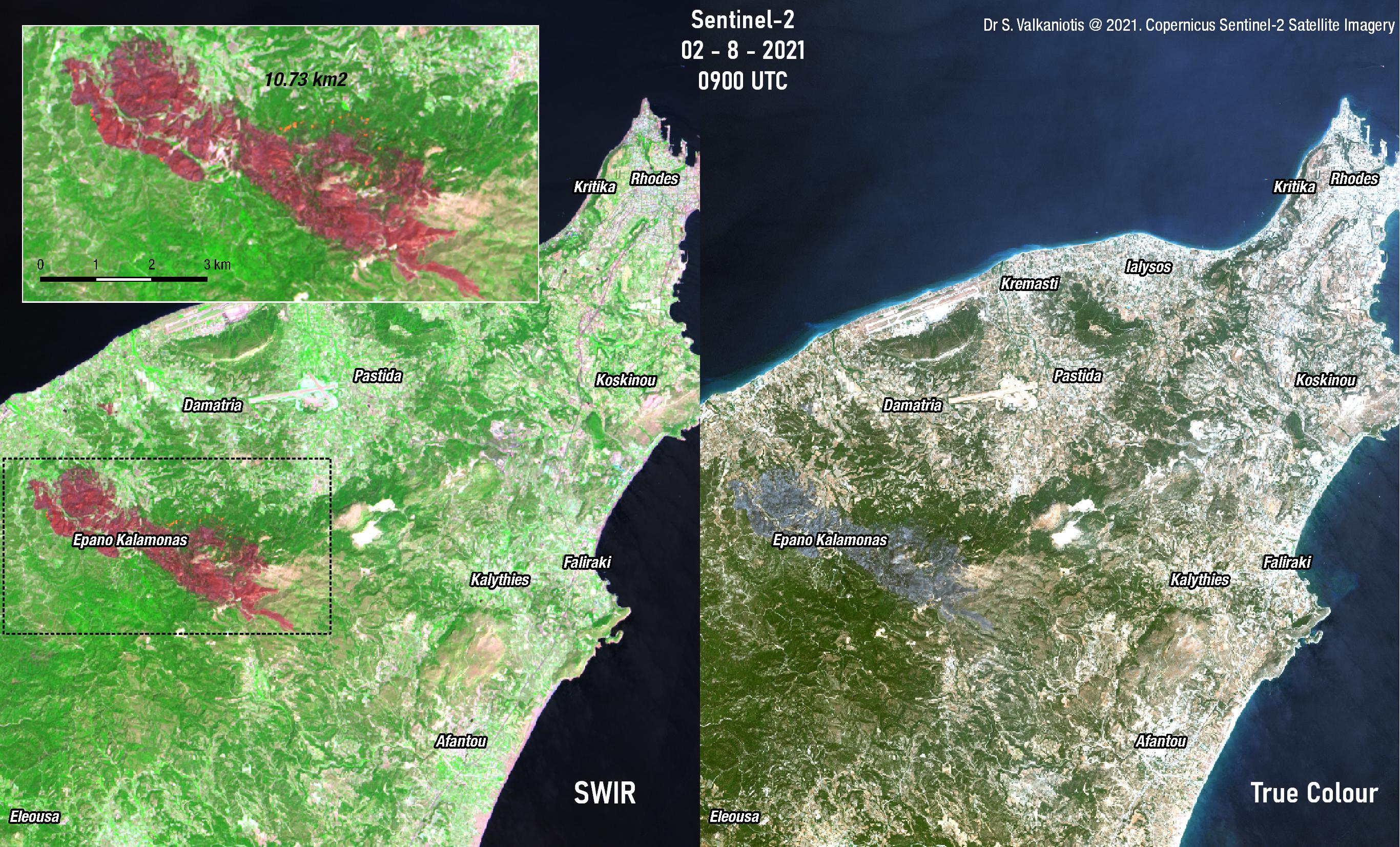 Sotiris Valkaniotis on Twitter: "Copernicus #Sentinel2 satellite captures (inactive now) #wildfire in Rhodes island, #Greece. SWIR composite (left) marks the burned (10.7 km2) with reddish colours. Image acquired this morning,