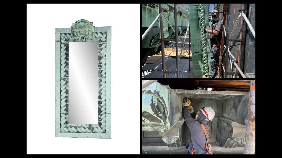 Antique Copper Lion Head Cornice Mirror made with materials from a 1917 Park Avenue, New York City skyscraper cornice.   #salvagematerials #coppermirrors #oldegoodthings #salvagecopper #oversizedmirror