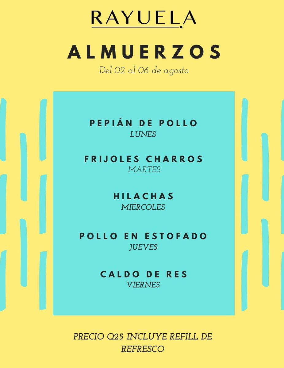 Les compartimos el menú de almuerzos de la semana del 02 al 06 de agosto. Todos los platos cuestan Q25 e incluye refill de refresco natural.

Para servicio a domicilio puedes hacer tu pedido al Whatsapp 47419360 (zonas 1, 2 y 3 sin costo adicional)

¡Buen provecho! 😋