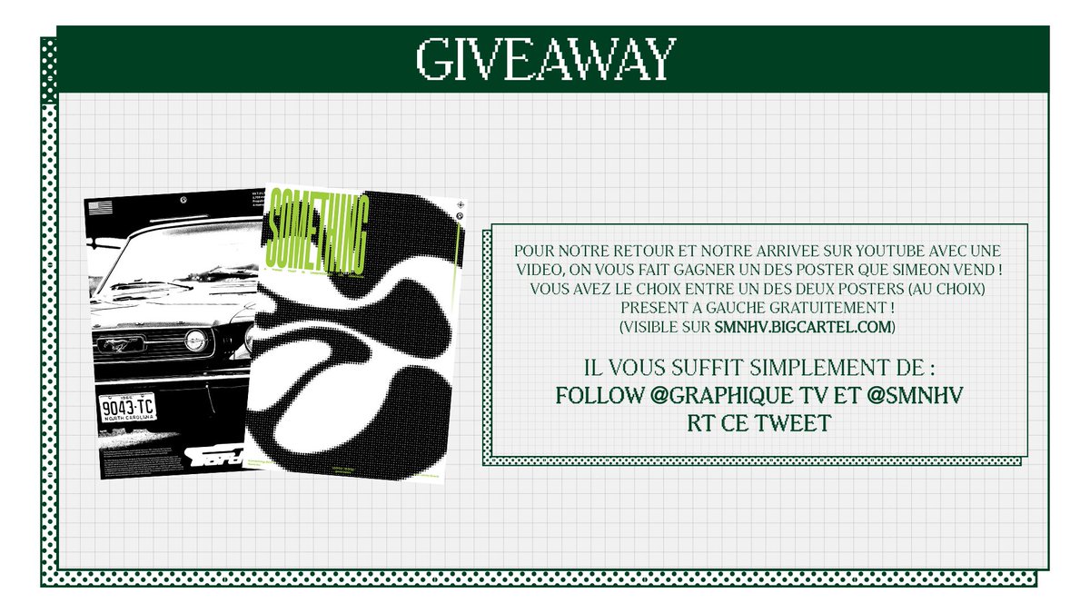 GraphiqueTV's tweet image. ✨GIVEAWAY✨

Pour notre retour et notre arrivée sur Youtube avec une 
vidéo, on vous fait gagner un des poster que Siméon vend ! (visible sur smnhv.bigcartel.com) 

Il vous suffit de :
- FOLLOW @GraphiqueTV + @smnhv 
- RT CE TWEET