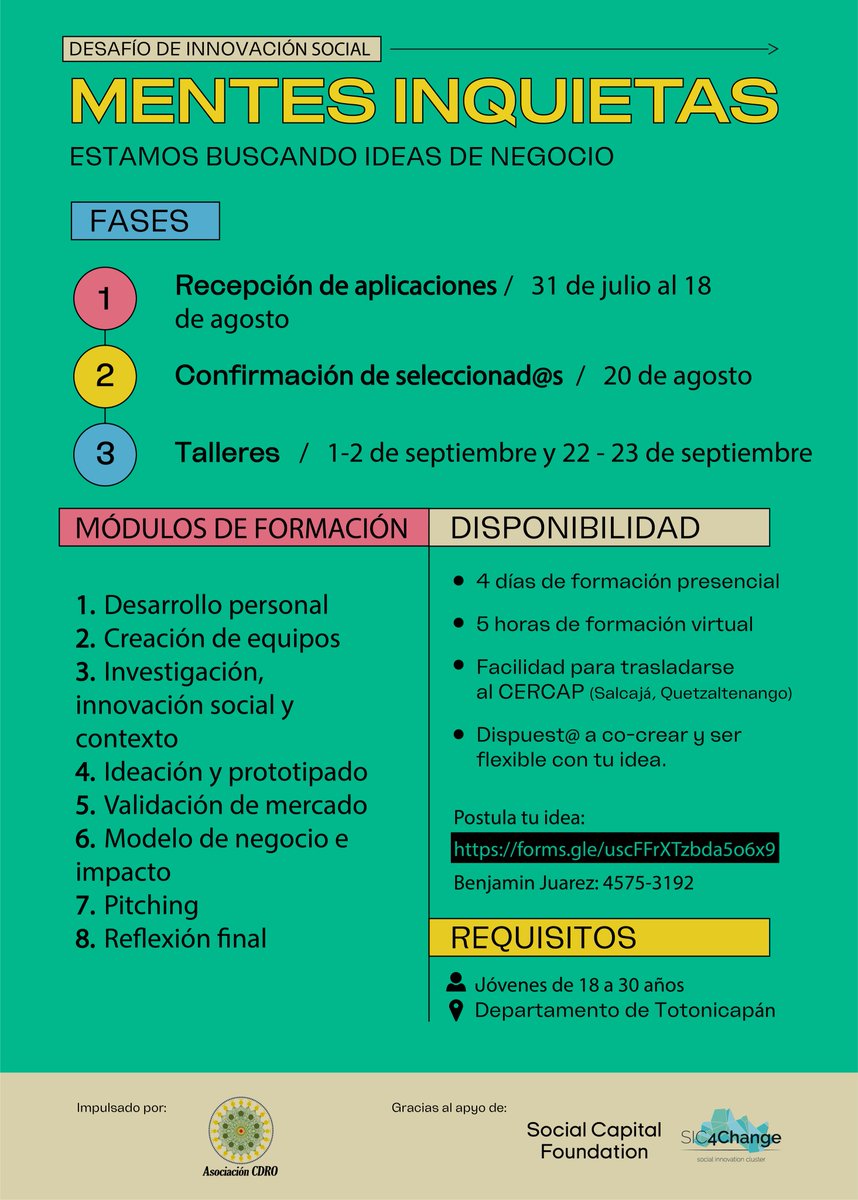 🗣 ESTAMOS BUSCANDO JÓVENES CON IDEAS DE NEGOCIO CON ENFOQUE SOCIAL Y AMBIENTAL PARA PROCESO DE INCUBACIÓN Y MENTORÍA 🌱
🔴 Postula: forms.gle/uscFFrXTzbda5o…
👫 Jóvenes entre 18 a 30 años
📍 Viviendo en Totonicapán, Guatemala
#MentesInquietas
