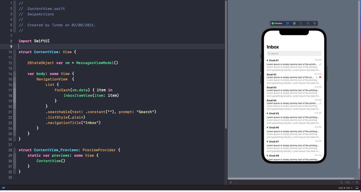 SwiftUI example showing me recreating the Apple Mail app inbox screen