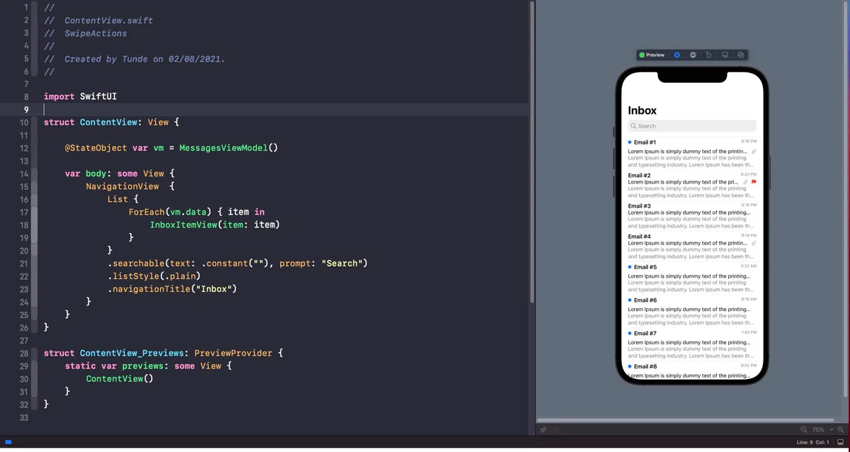 SwiftUI example showing me recreating the Apple Mail app inbox screen