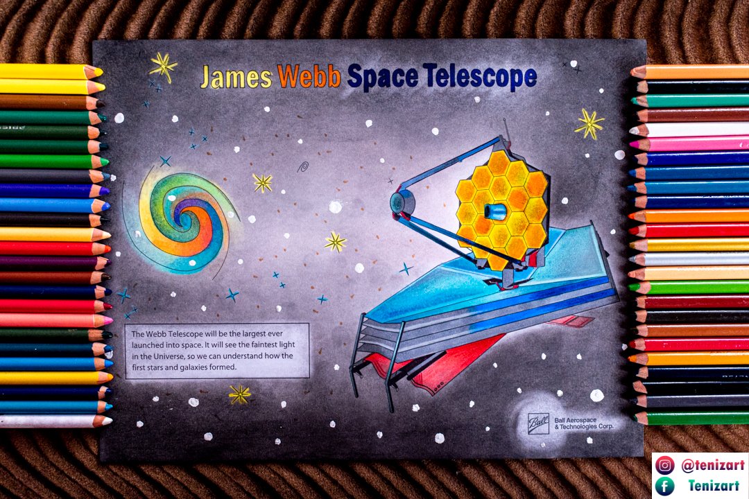 Filled in coloring page showing the James Webb Space Telescope on the right and a rainbow swirl galaxy on the left. Colored pencils line the left and right borders of the page. Submitted by Ivan Jair Teniza Gutierrez.