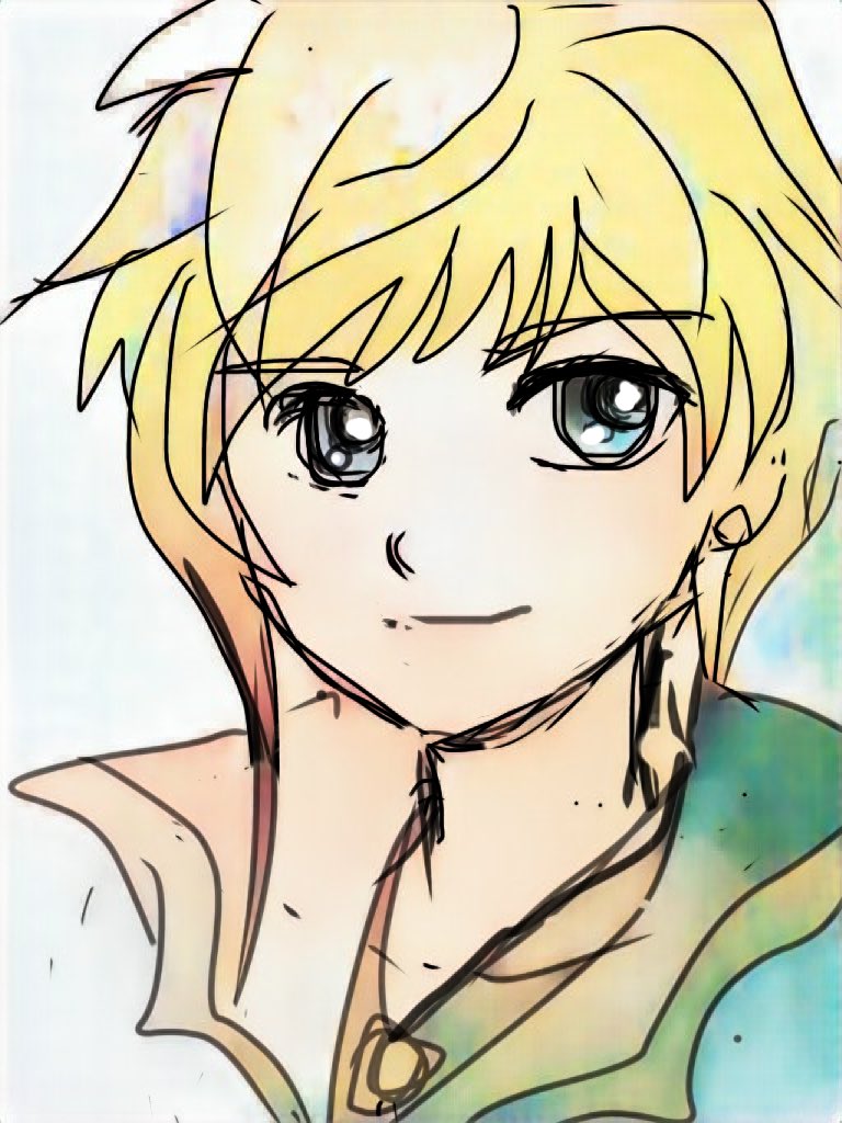 朔夜 テイクレ周年おめでとう 超久々にお絵描き 初描きカナタ 色は時間無いので アイビスペイントの自動色塗り 自動なのにカナタがちゃんと金髪 お絵描きアプリ色々凄い でも今度は自分で色も入れたいな