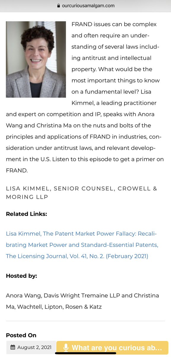 Kicking off a 3-episode series of #OurCuriousAmalgam podcast on #FRAND issues, first with <a href="/lisakimmeldc/">Lisa Kimmel</a> (<a href="/Crowell_Moring/">Crowell & Moring</a>):

ourcuriousamalgam.com/episode/126-ho…

Two more to come on Aug. 9 (rethinking FRAND w/ Prof. <a href="/contreraslegals/">Jorge Contreras</a>) and Aug. 16 (FRAND in China w/ <a href="/hquintessence/">He Jing</a>). Stay tuned!