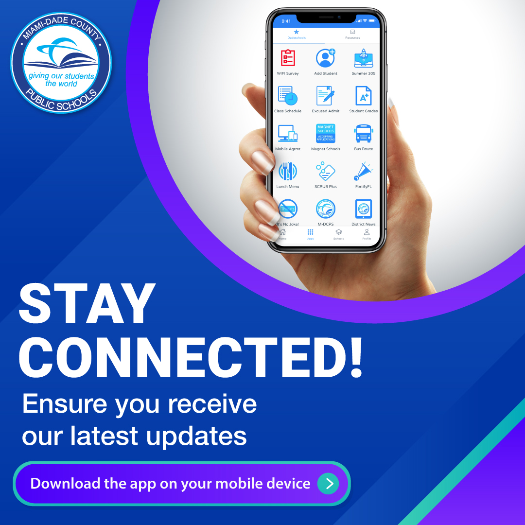 MDCPS's tweet photo. Attention @MDCPS family! As we get closer to the first day of school on August 23, 2021, we encourage parents &amp; students to download the Dadeschools Mobile App on their iPhone or Android device for convenient access to important District information. #MDCPSConnects #BacktoSchool https://t.co/bXc5TCdP8J