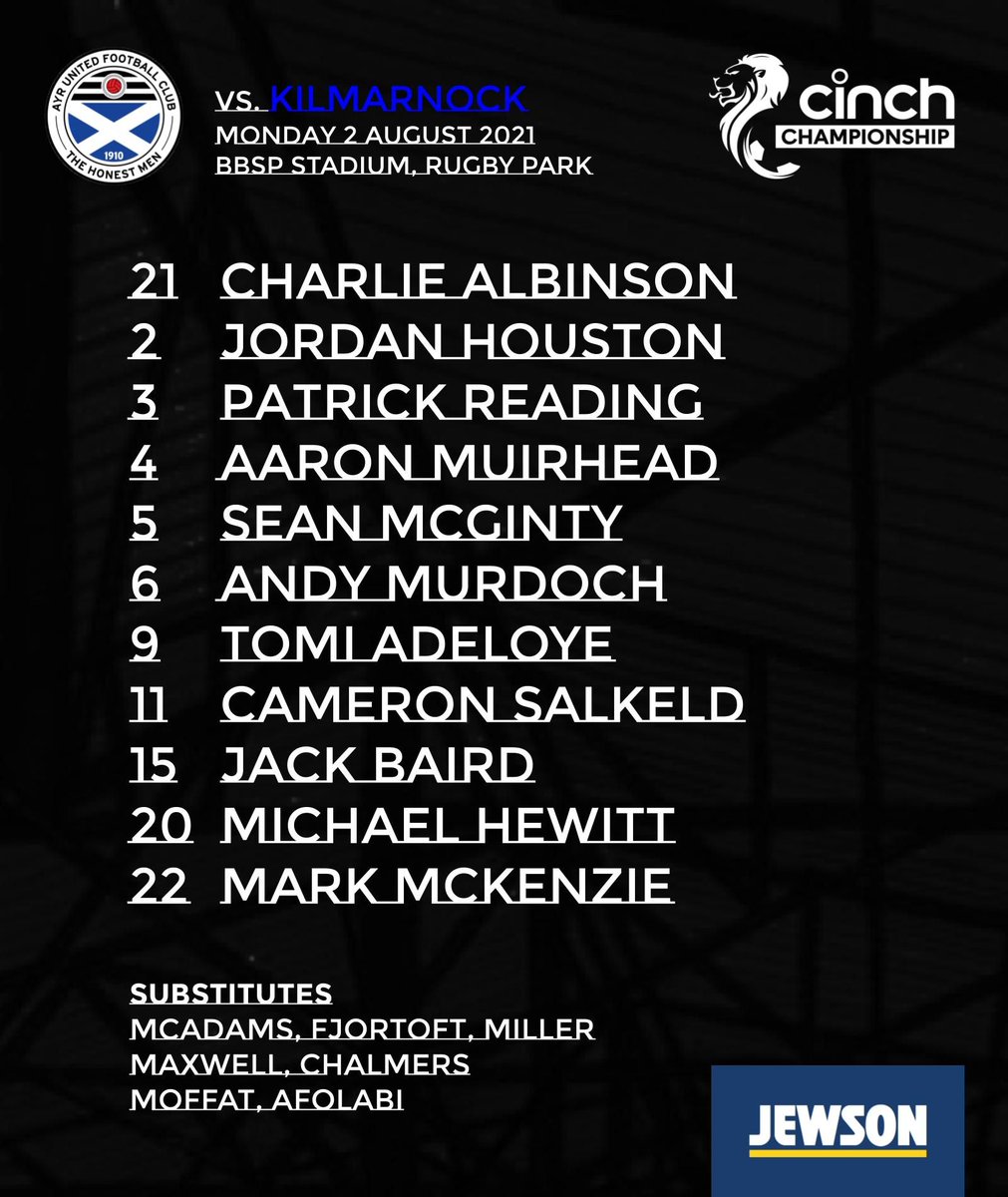 AyrUnitedFC's tweet photo. 📋 | Your Honest Men for tonight's Ayrshire Derby.

Unchanged from the side that defeated Hamilton. New signings Maxwell, O'Connor and Afolabi among the substitutes. https://t.co/cJaFnddkrU