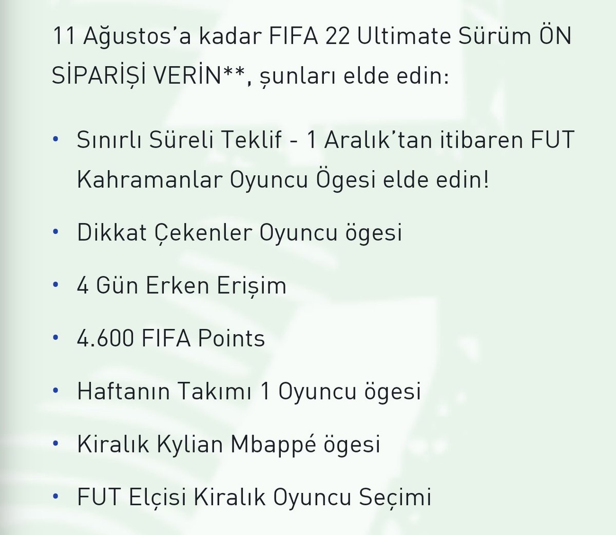 Fifa 22 Ultimate Sürüm ön siparişi vermek mantıklı.
4600 points değeri: 280₺👌🏼
1 ay EA Play üyeliği ile %10; 
oyun içi satın alarak %10 daha indirimle 567₺'ye almanız mümkün.