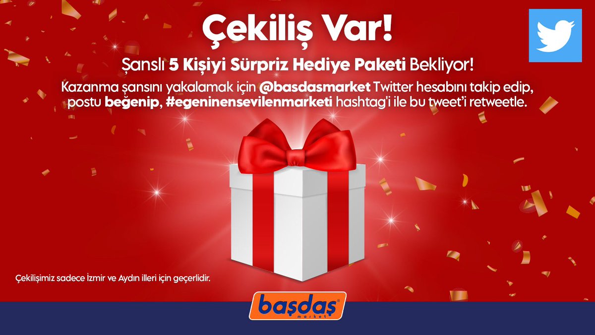 Başdaş Market (@basdasmarket) on Twitter photo Şanslı 5 kişiyi sürpriz hediye paketi bekliyor! 
Katılım Şartları: 
1- <a href="/basdasmarket/">Başdaş Market</a> twitter hesabını takip et
2- Bu postu beğen
3- #egeninensevilenmarketi hashtag’i ile bu tweeti retweetle
Tüm katılımcılarımıza bol şans! 
*Kazananlar 6 Ağustos Cuma günü açıklanacaktır.
#başdaş Şanslı 5 kişiyi sürpriz hediye paketi bekliyor! 
Katılım Şartları: 
1- <a href="/basdasmarket/">Başdaş Market</a> twitter hesabını takip et
2- Bu postu beğen
3- #egeninensevilenmarketi hashtag’i ile bu tweeti retweetle
Tüm katılımcılarımıza bol şans! 
*Kazananlar 6 Ağustos Cuma günü açıklanacaktır.
#başdaş