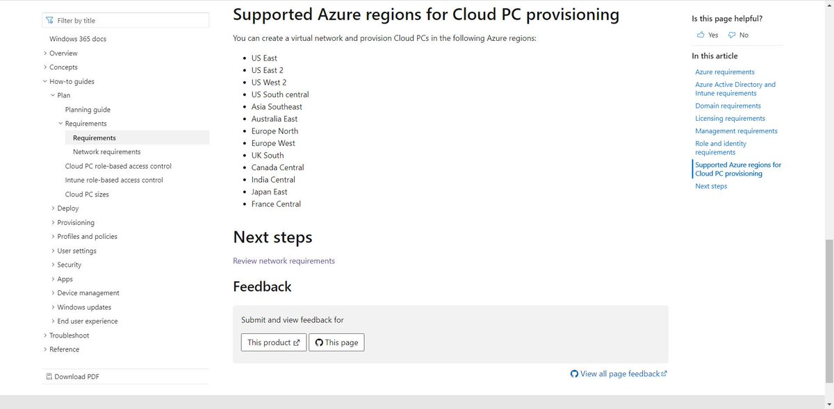 Brinkhoff_C's tweet photo. Here's a list of all the #supported Azure #regions for #Windows365 - Cloud PC provisioning. You can create a VNET and provision Cloud PCs in the following Azure regions. If your region is not in there, make sure to create a VNET peering to bridge #VNETs to more regions! https://t.co/hbWQoddr9f