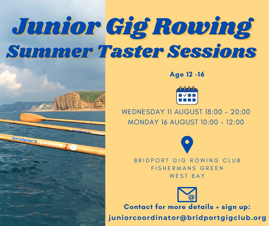 Junior Taster Sessions with Bridport Gig Rowing Club! 
Age 12-16? Come and give this fabulous sport a try; Wednesday 11 August 1800-2000, Monday 16 August 1000-1200. £2 donation per session. Book your place at juniorcoordinator@bridportgigclub.org. 
#summer #activities #coast