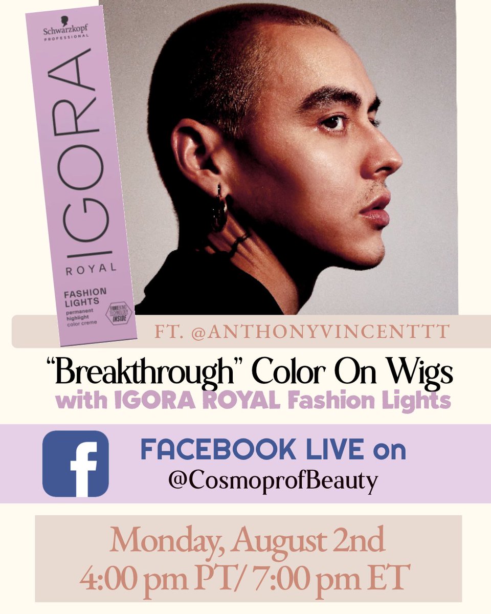 cosmoprofbeauty's tweet image. Calling all who are #licensedtocreate!

Join us TODAY, August 2nd at 6 PM CST, for a Facebook Live event with Anthony Vincent (@anthonyvincenttt), Schwarzkopf Professional Hair Artist. Anthony will focus on breakthrough color on wigs using Schwarzkopf Igora Royal Fashion Lights.