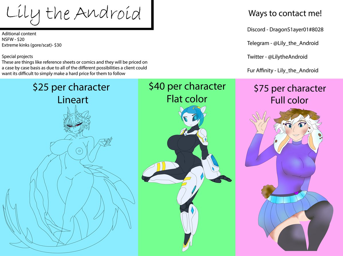 LilytheAndroid's tweet image. Decided to remake the price sheet and with that lower my prices across the board as I think I made them simply too expensive before hehe..