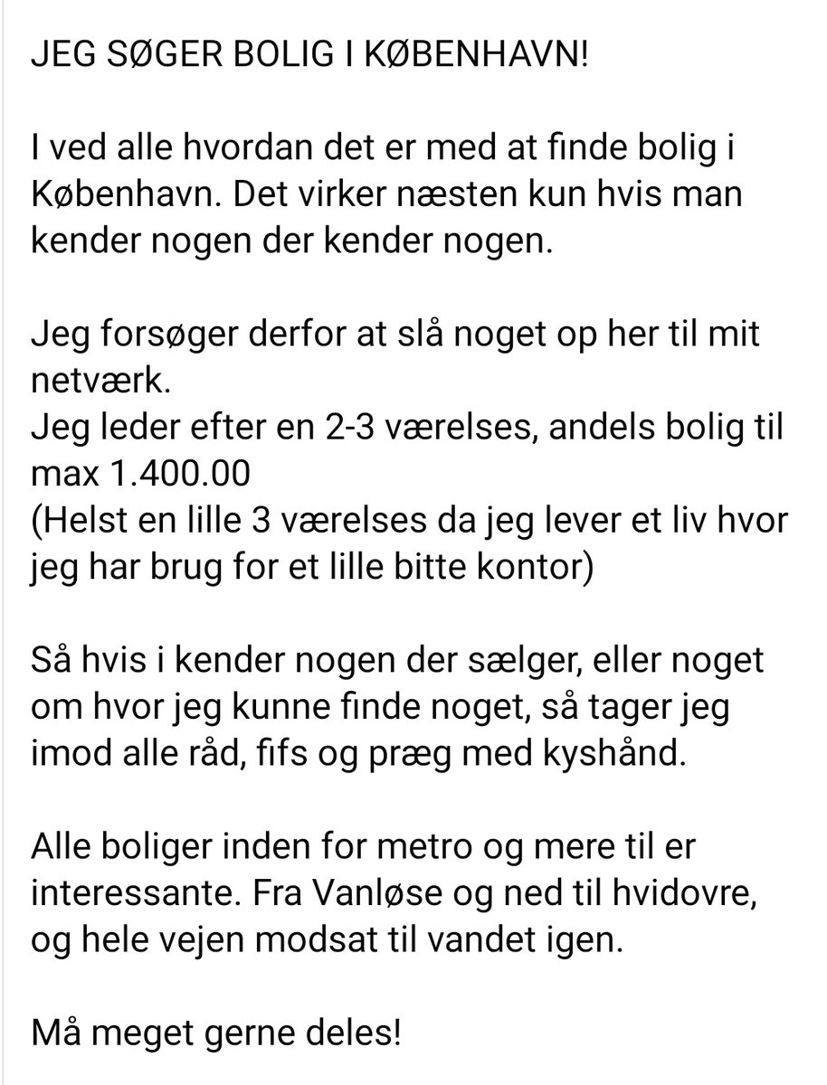 Kære netværk. Håber i kan hjælpe mig med at finde et sted at bo 🔥. 

RT gerne!