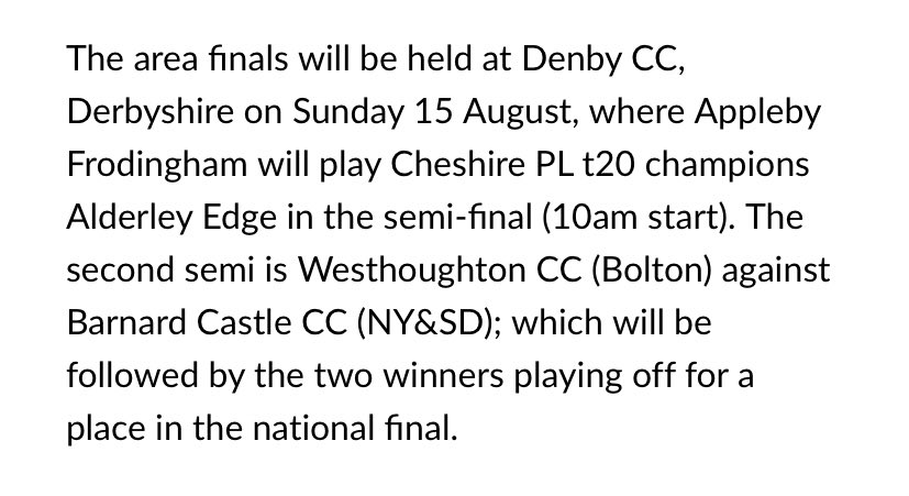 Order of play for the National T20 Quarter Final <a href="/DenbyCC/">Denby Cricket Club</a>
