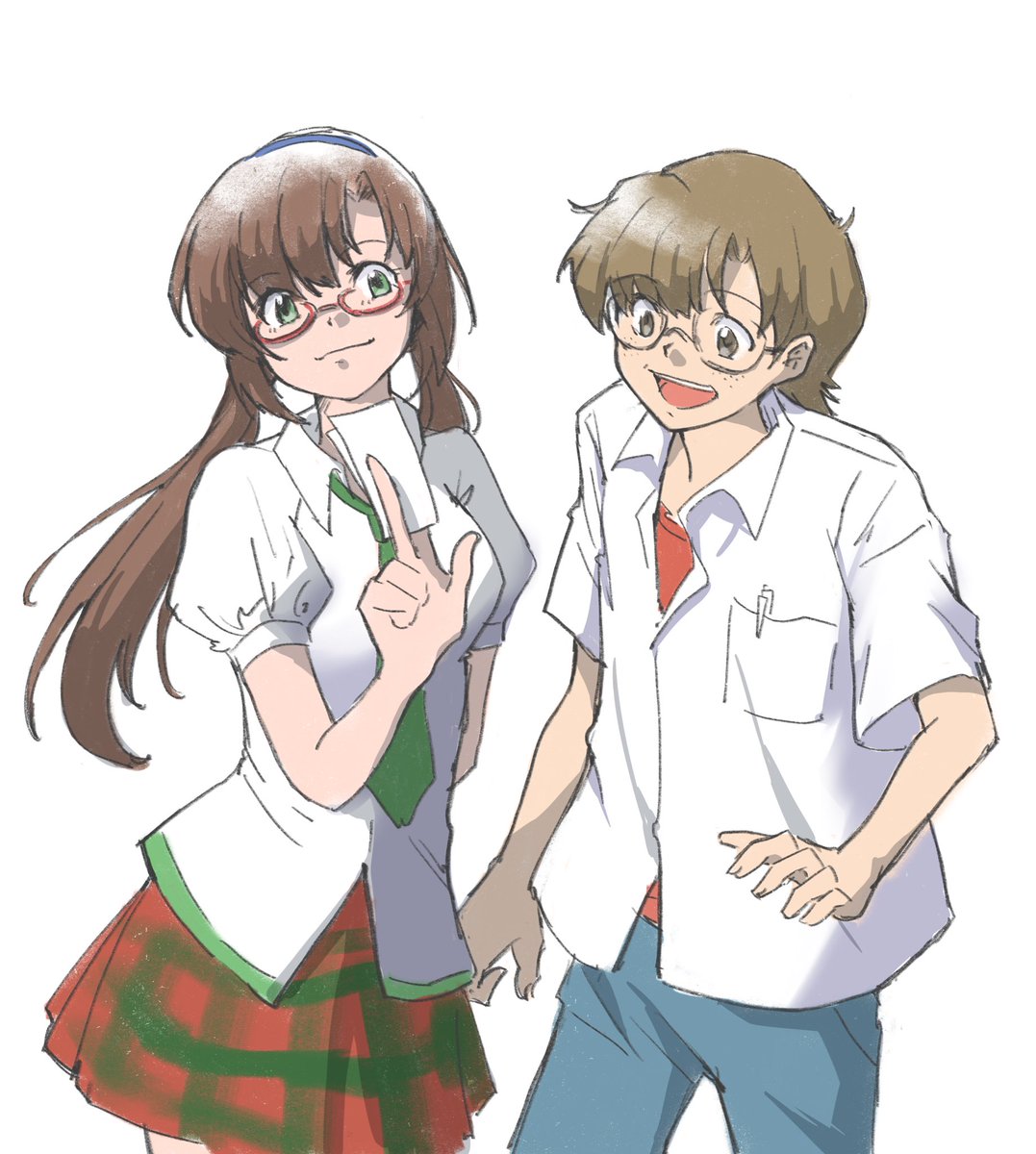 makinami mari illustrious 1girl 1boy brown hair glasses school uniform necktie skirt  illustration images