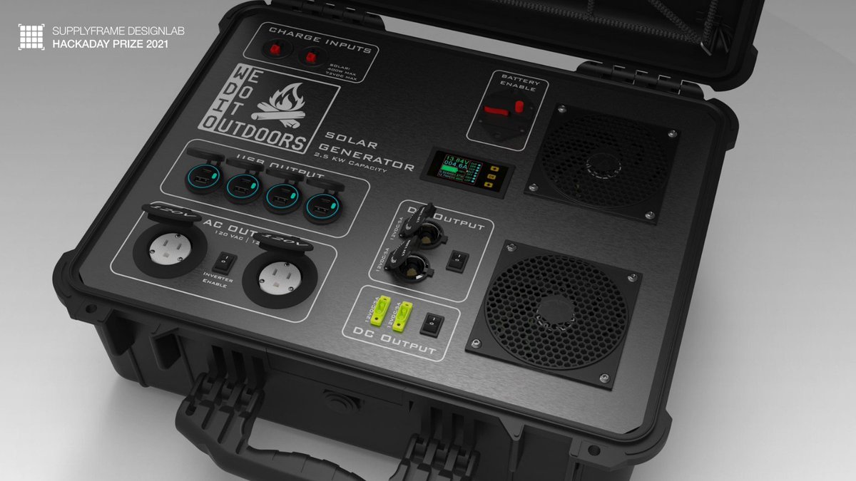 hackaday's tweet image. This entry is meeting the #ReimagineTech challenge head-on! Rugged Solar Generator is designed to keep electrical appliances running when you&apos;re camping off-grid.

Submit your #HackadayPrize entry today→hubs.la/H0TwKtf0 

Sponsored by @digikey and @supplyframe