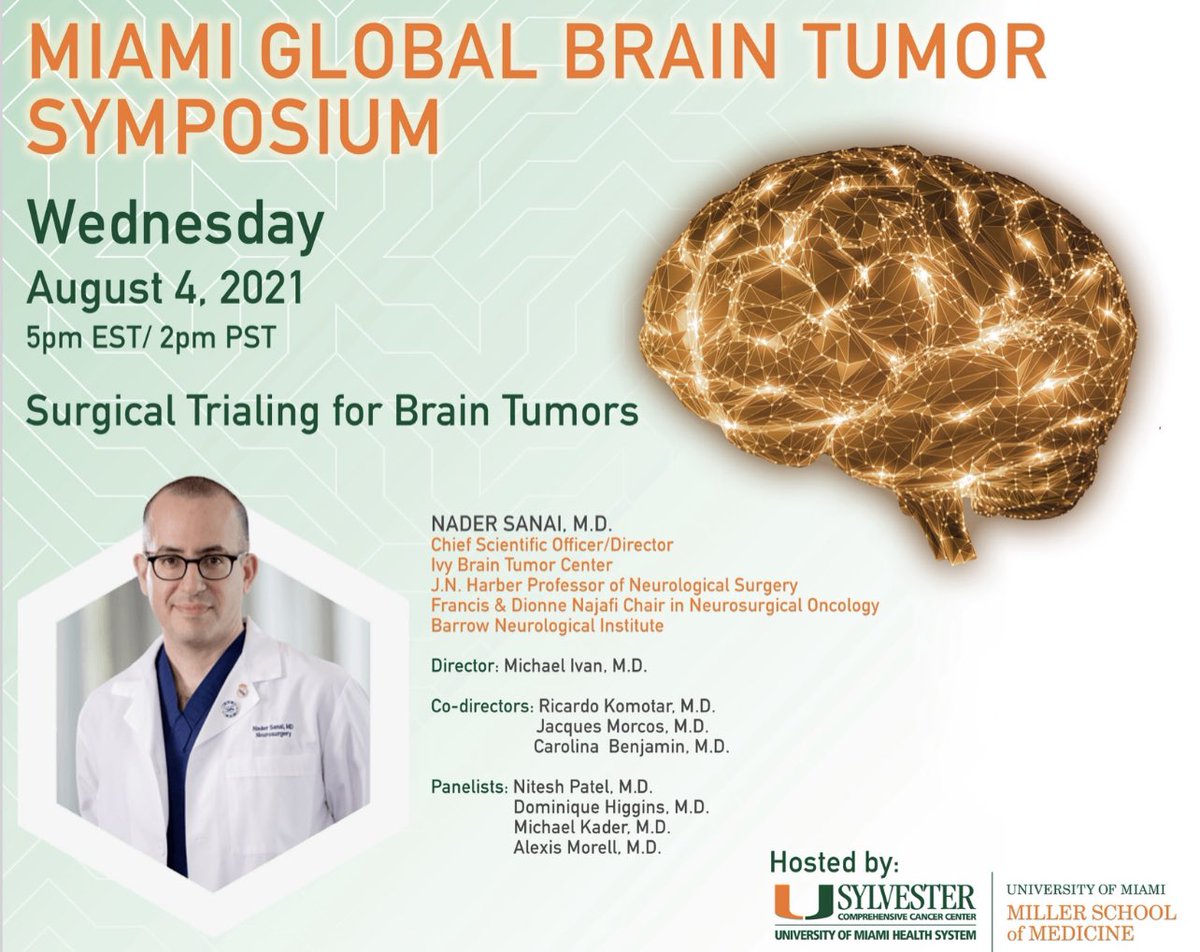 This week on MGBTS🙌 Dr. <a href="/NaderSanai/">Nader Sanai</a> from <a href="/IvyBrainTumCtr/">Ivy Brain Tumor Center</a> <a href="/BarrowNeuro/">BarrowNeurological</a> will be speaking about advanced clinical trials for #braintumors. Be sure to tune in!  Click here register miami.zoom.us/webinar/regist… #Neurosurgery <a href="/NSTumorSection/">NS Tumor Section</a> <a href="/AANSNeuro/">AANS</a> <a href="/CNS_Update/">CNS</a> <a href="/NeuroOnc/">SNO</a> <a href="/JNeurooncol/">Journal of Neuro-Oncology</a>