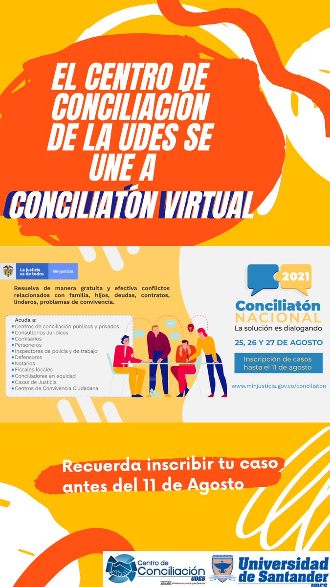 UDES_Concilia's tweet photo. Es de agrado compartirles que los próximos 25,26 y 27 de Agosto de 2021 se llevará a cabo la Conciliatón virtual 2021 a cargo del Ministerio de Justicia y del Derecho, evento que desde el Centro de Conciliación de la Universidad de Santander estaremos apoyando.
#Conciliaton https://t.co/p7MKc6K6UU